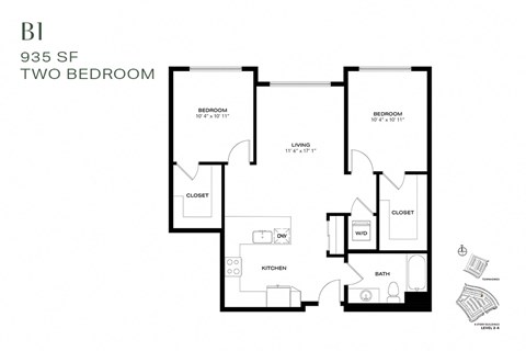 Floor plan for 2 beds, 1 bath, 935 sqft